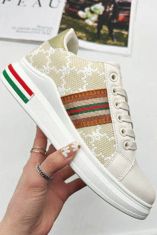 GOLD LACE UP STRIPE DESIGN TAB DETAIL FLAT TRAINERS