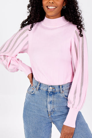 Stripped Balloon Sleeve High Neck Jumper