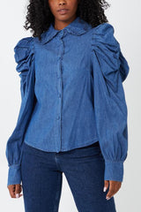 Puff Sleeve Denim Shirt With Collar Detail