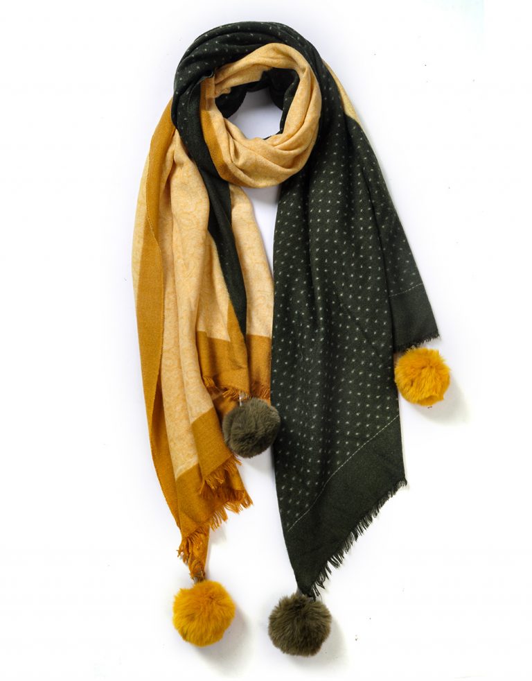 Mustard Double Colour Pattern Pompom Winter Scarf