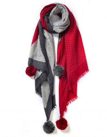 Red Double Colour Pattern Pompom Winter Scarf